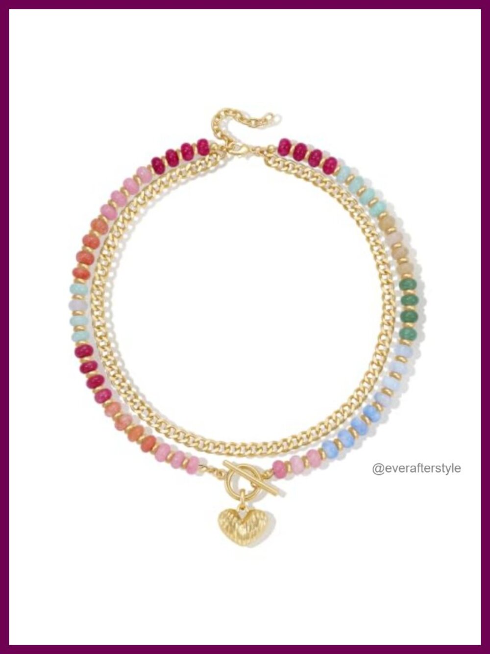 Layered Natural Stone Beaded Necklace with Heart Pendant 14K Gold Plated